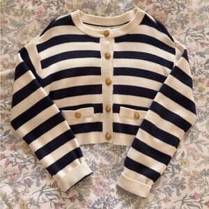 Striped Navy and White Button-Front Cropped Sweater